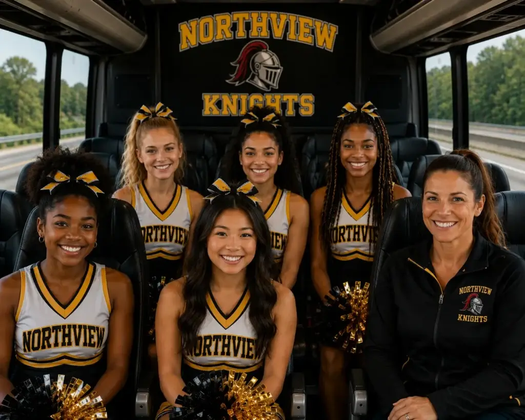 Cheerleaders and their captain riding in a transport bus