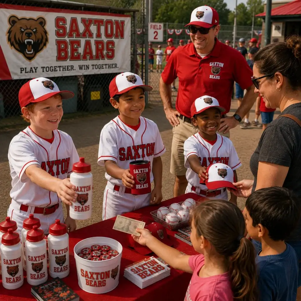 Young boys on a baseball team sell custom branded merchandise