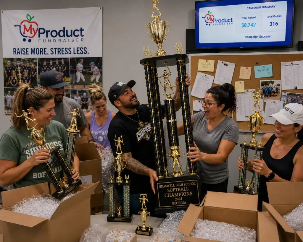 Teachers opening trophies provided by My Product Fundraiser