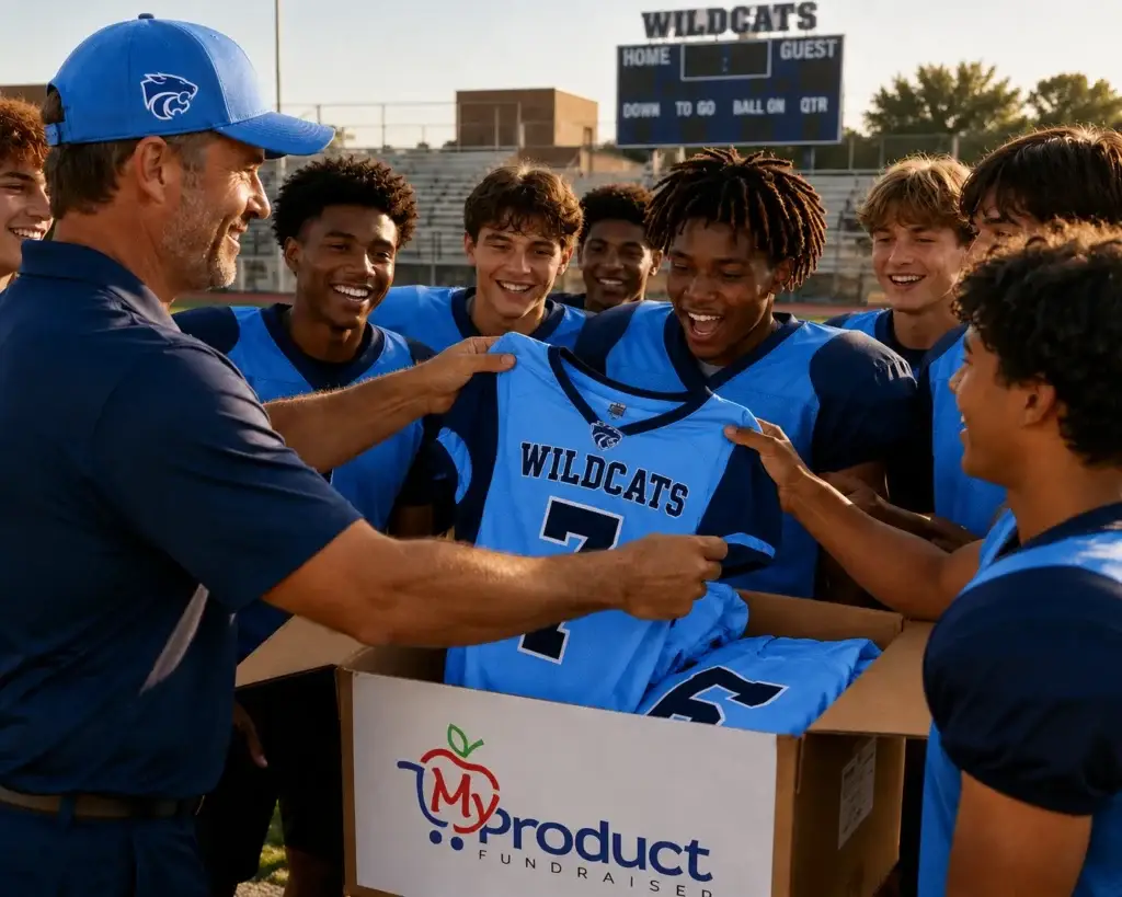 A football team and their captain opening a box of branded shirts from My Product Fundraiser